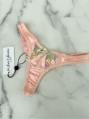 NWT For Love & Lemons Pink Midsummer Floral Satin Thong- Size XS